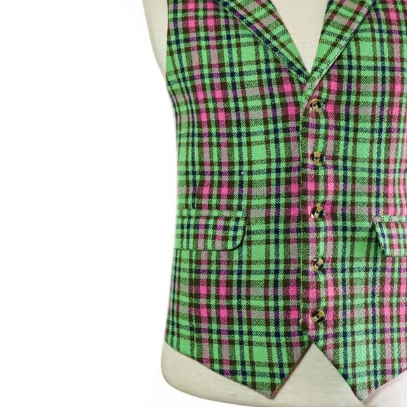 Mens 46R Green Pink Plaid Lambswool Vest Waistcoat Wedding Party Formal Casual - Picture 6 of 8